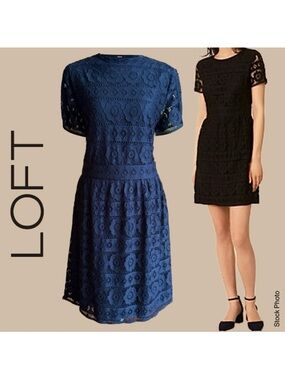 LOFT Classic Black Lace Short Sleeve Lined Dress (10)